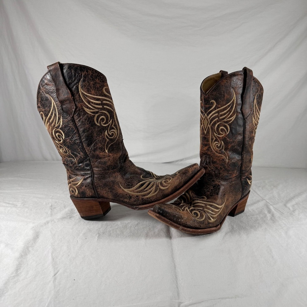 Circle G Women's Size 11 M Brown Distressed Leather Wing Embroidery Cowboy Boots